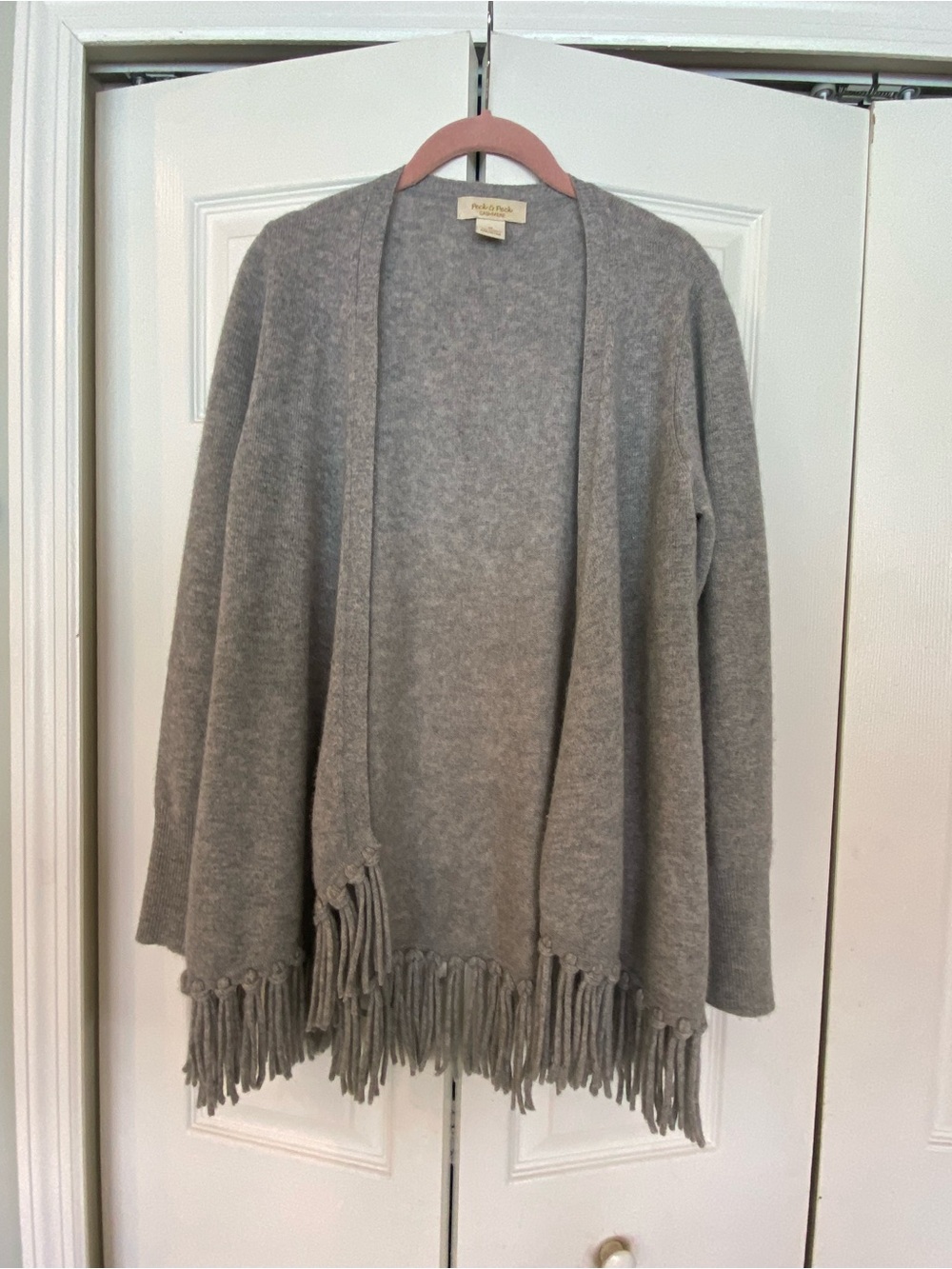 Peck & Peck Gray Open-Front Fringe Knit Cardigan